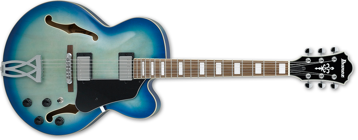 A Blue Electric Guitar With White Strings