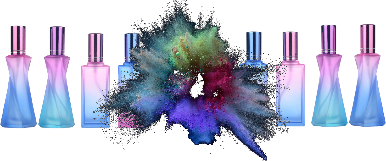 A Group Of Bottles With Colored Powder Exploding