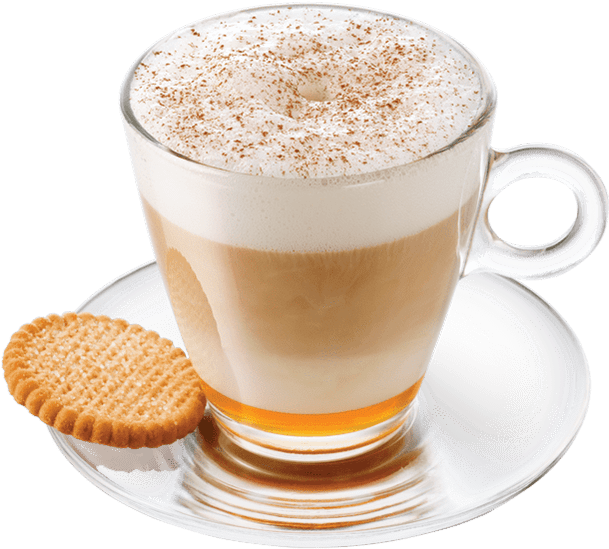 A Glass Cup Of Coffee With A Cracker On A Plate