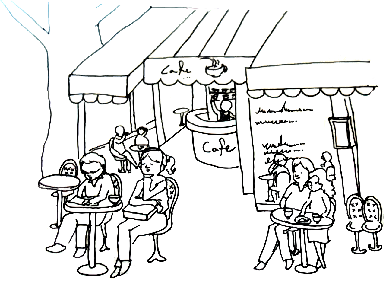 A Drawing Of People Sitting At Tables