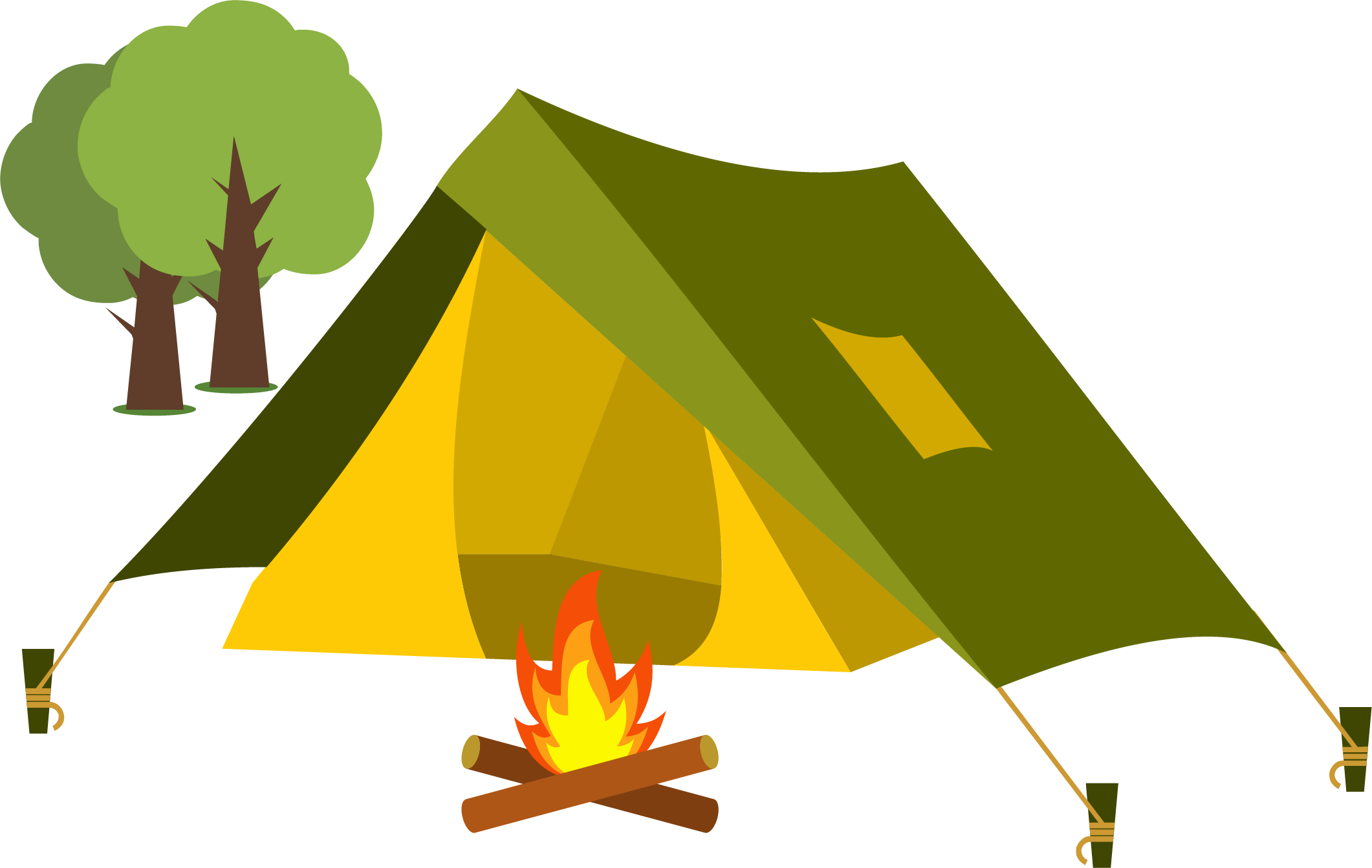 A Yellow Tent With A Fire And A Tree