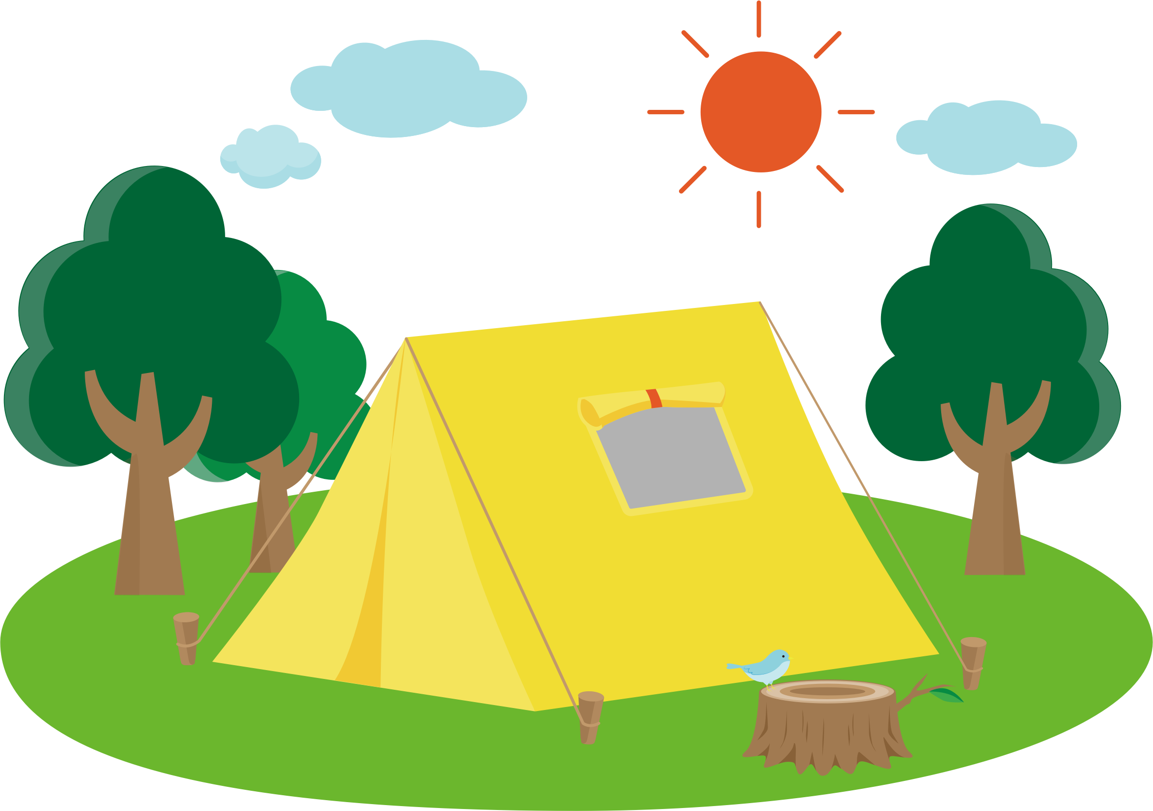 A Yellow Tent In A Grassy Area With Trees And A Sun