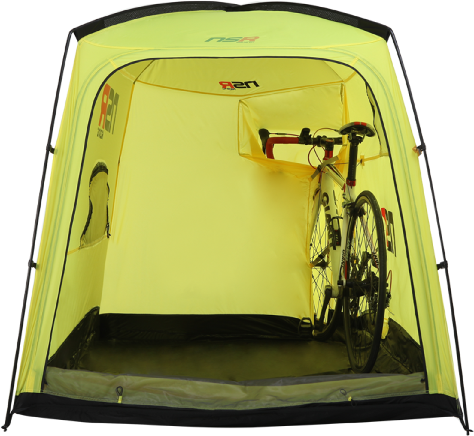 A Yellow Tent With A Bicycle Inside