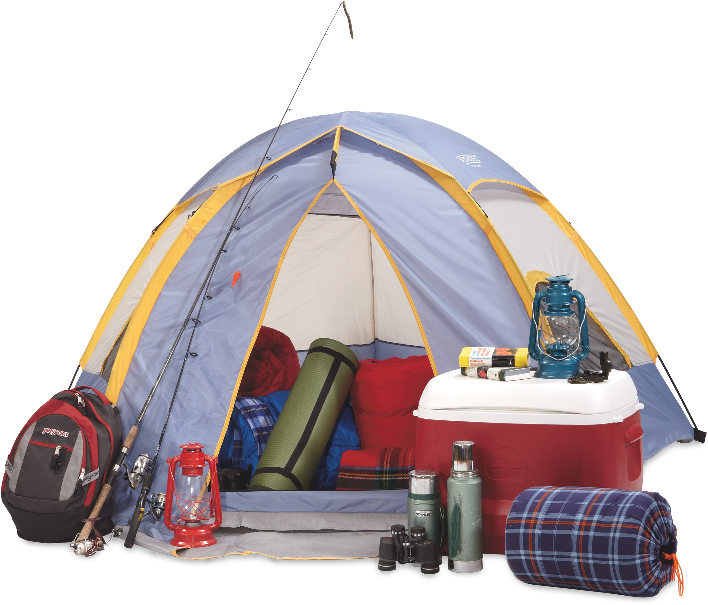 A Tent With Camping Equipment And A Black Background