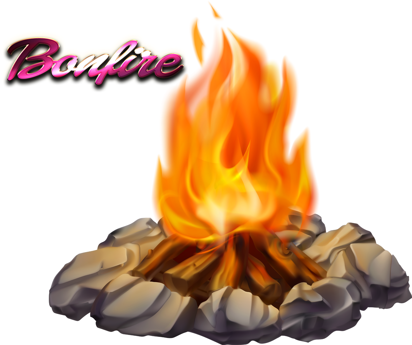 A Fire With White Rocks And Pink Text