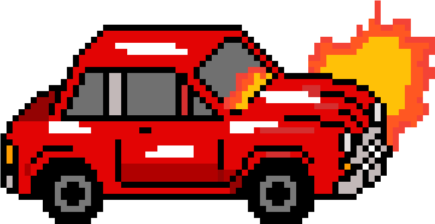 A Pixel Art Of A Red Car With Fire Coming Out Of The Door