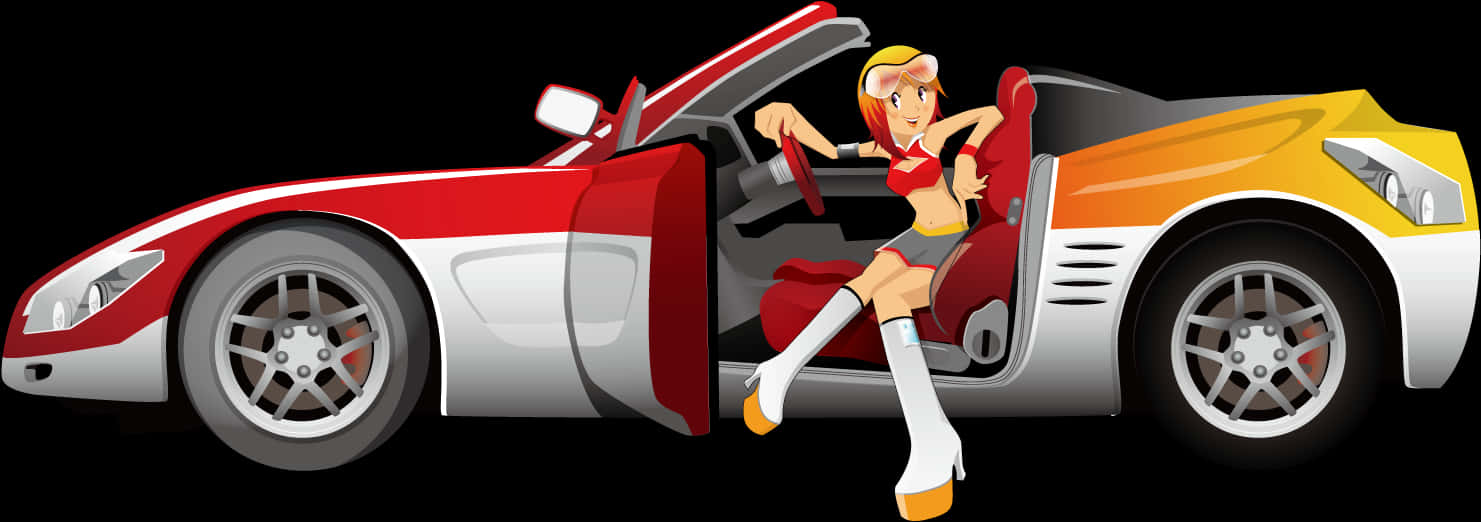 A Cartoon Of A Woman Sitting In A Red And White Convertible