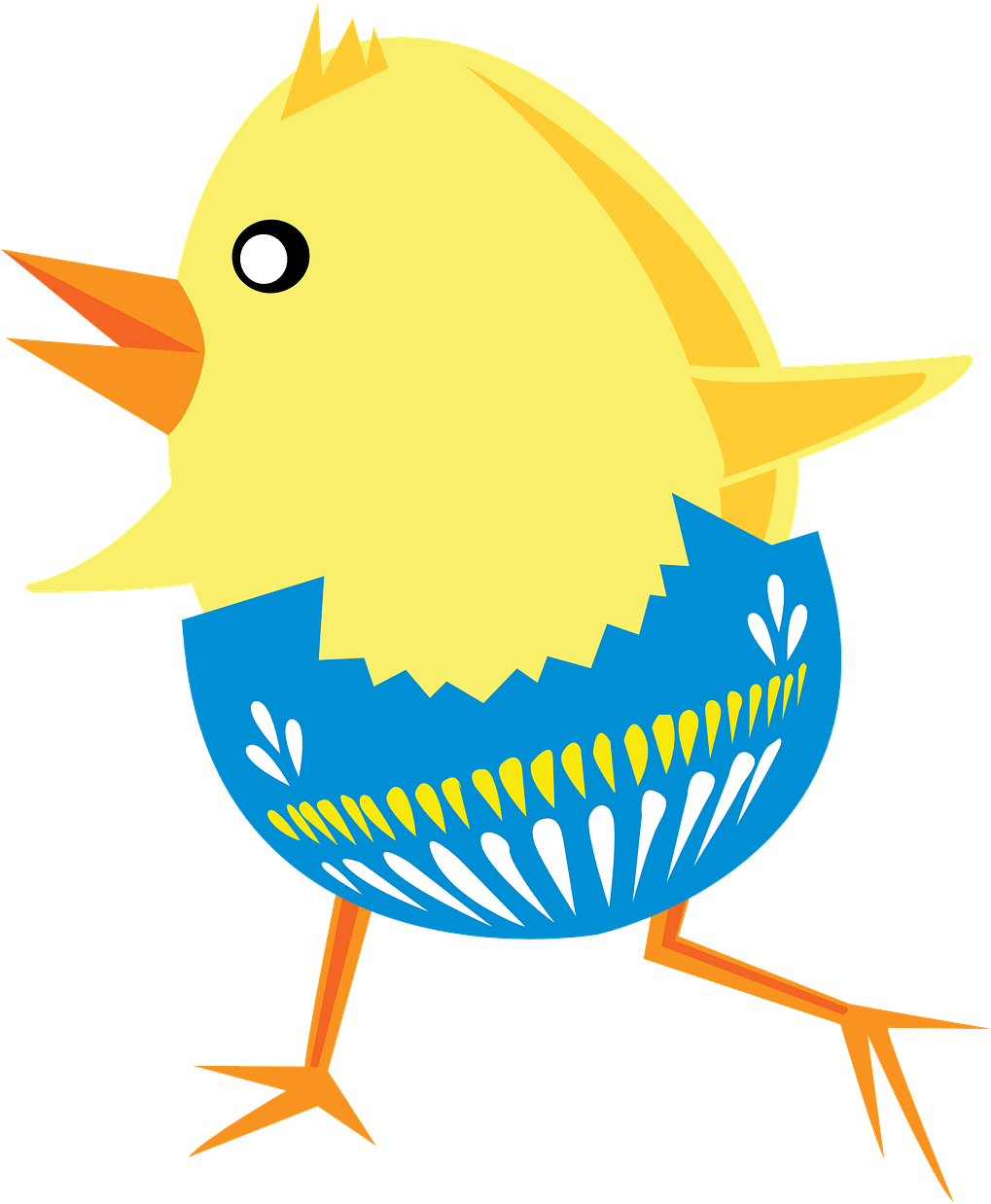 A Cartoon Of A Chick In A Blue And Yellow Egg Shell