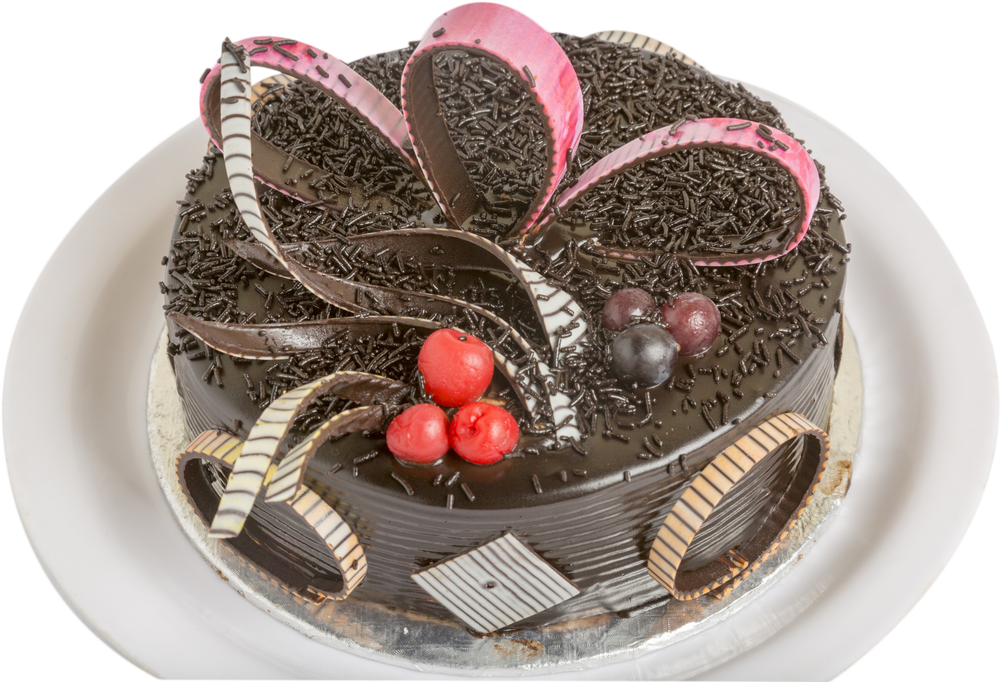 A Chocolate Cake With Ribbons And Berries