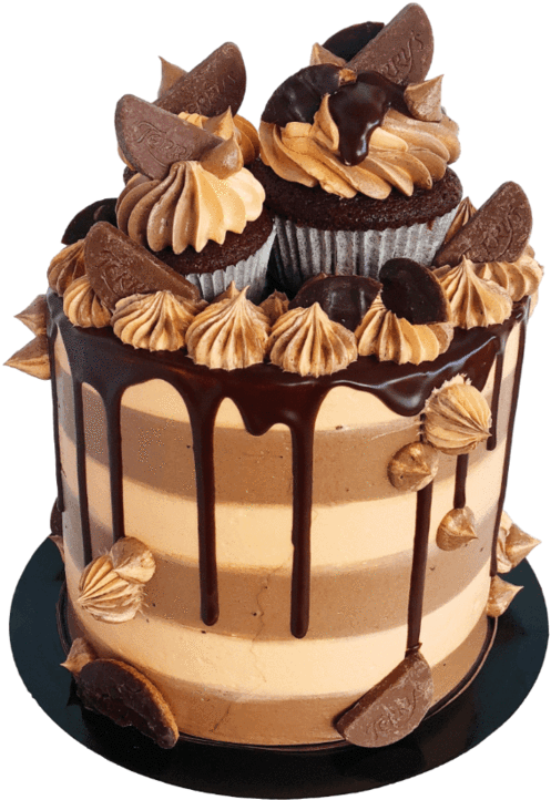 A Cake With Chocolate Frosting And Cupcakes