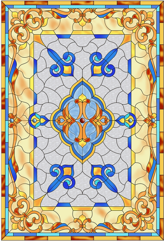 A Stained Glass Window With A Blue And Yellow Design