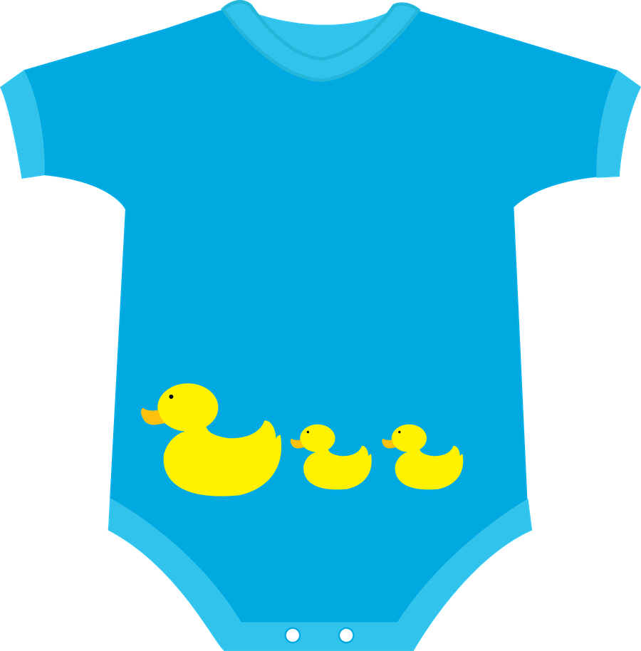 A Blue Baby Bodysuit With Yellow Ducks On It
