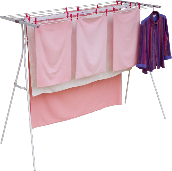 A Clothes Drying Rack With Pink Towels And A Blue Shirt
