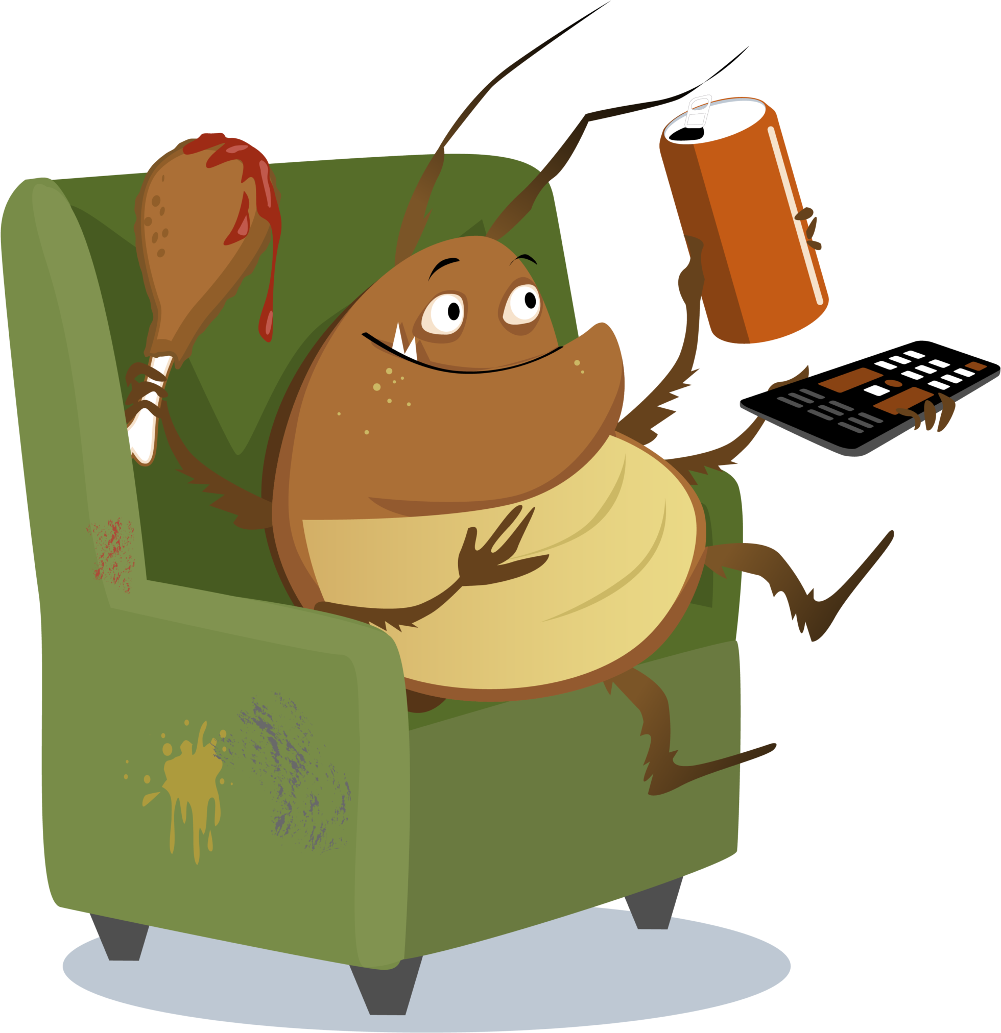 A Cartoon Bug Sitting In A Chair Holding A Can And A Calculator