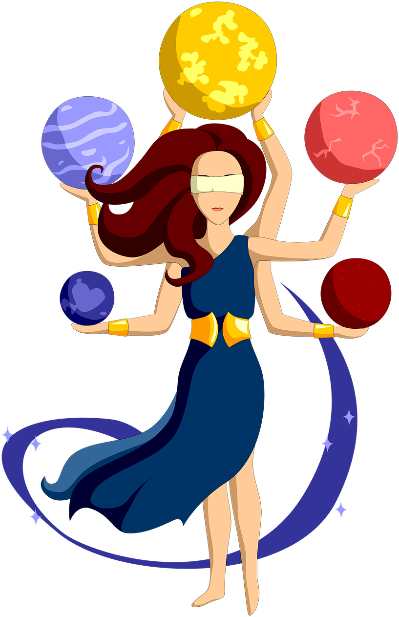 A Cartoon Of A Woman With Many Arms Holding Colorful Balls