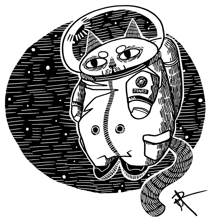 A Black And White Drawing Of A Cat In A Space Suit