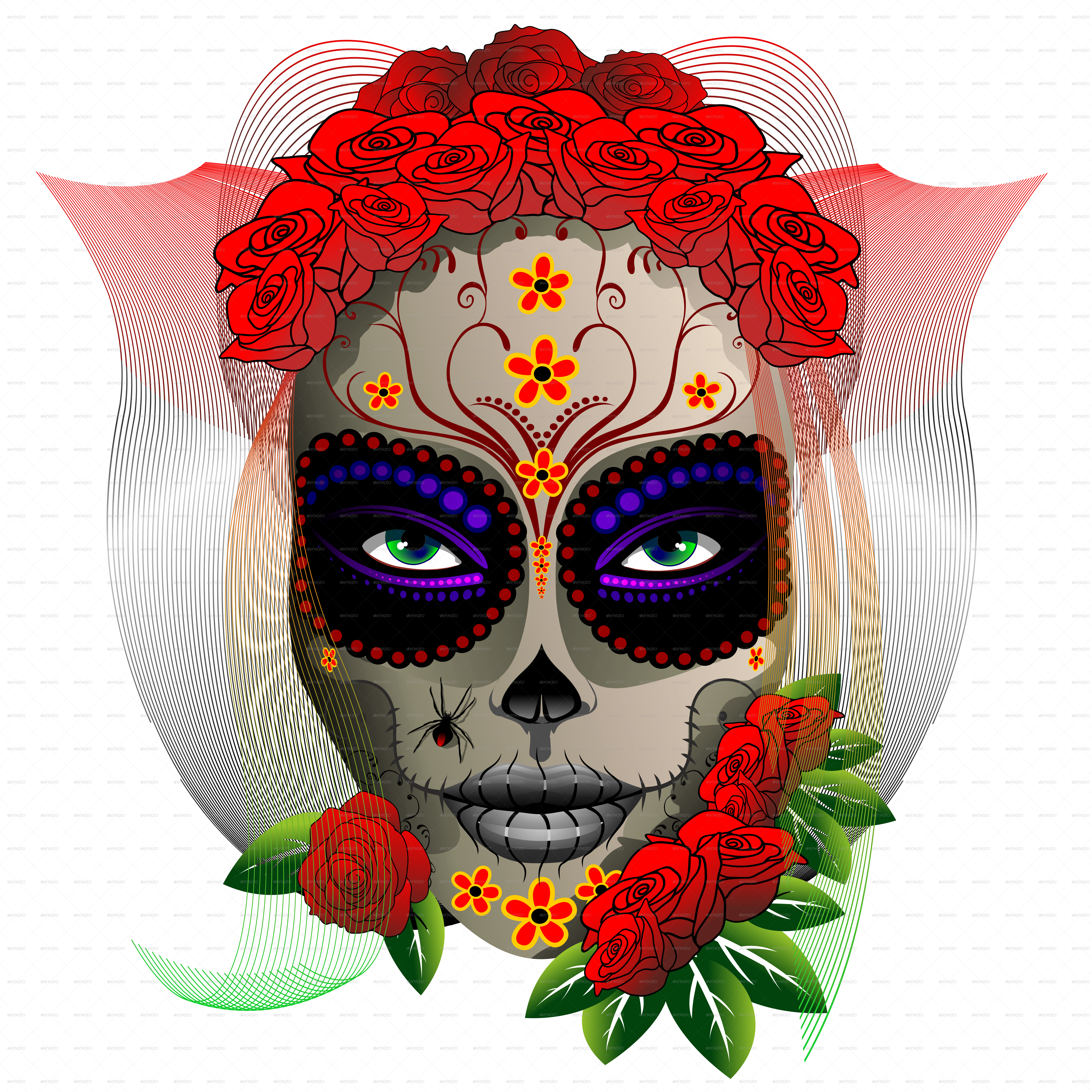 A Woman With A Skull Mask And Flowers