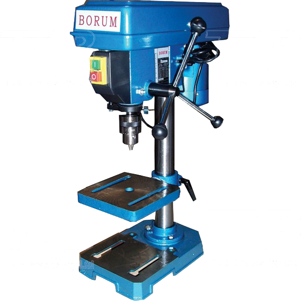 A Blue Drill Press With A Red Button