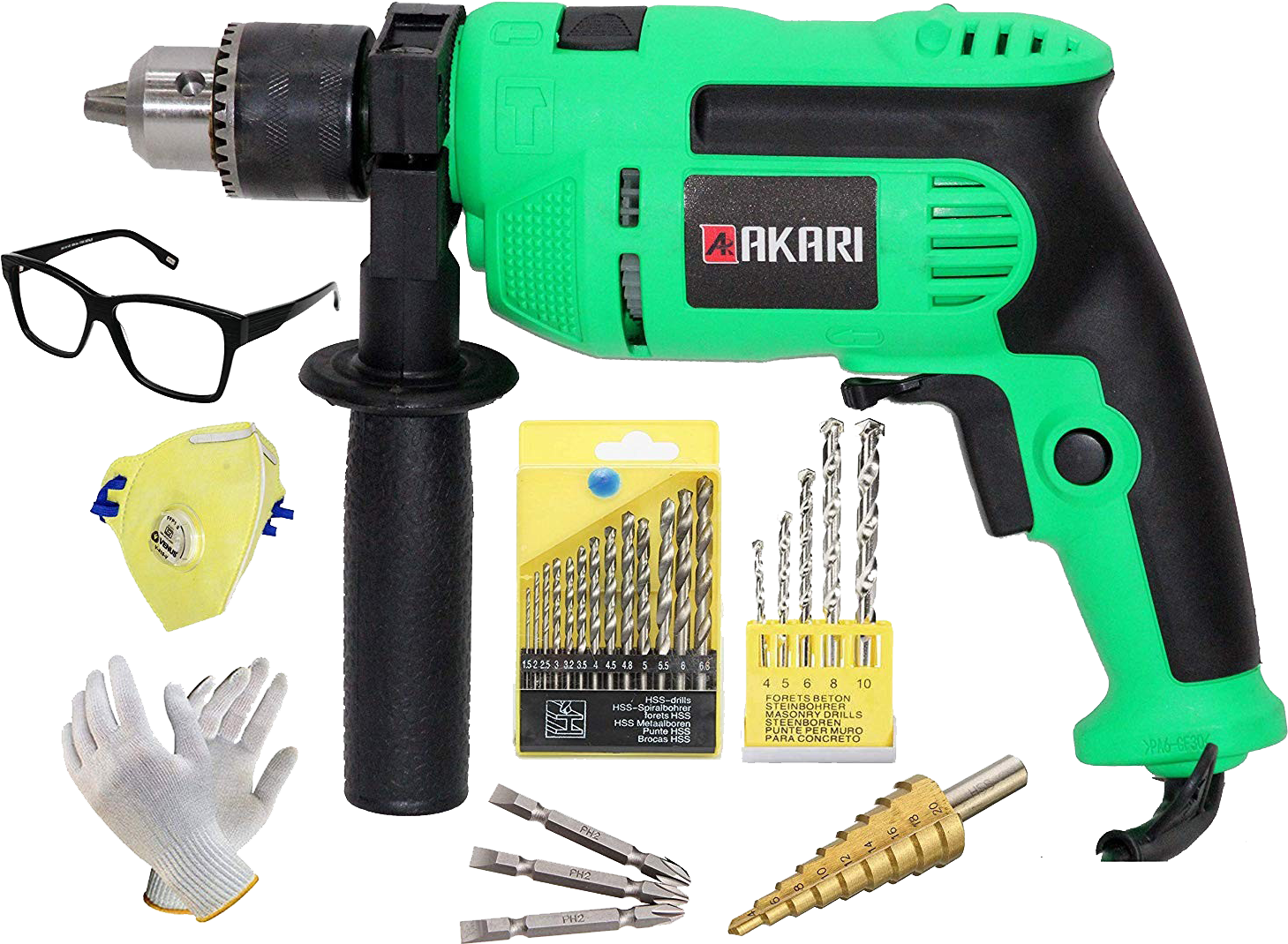 A Green Drill With Many Different Tools