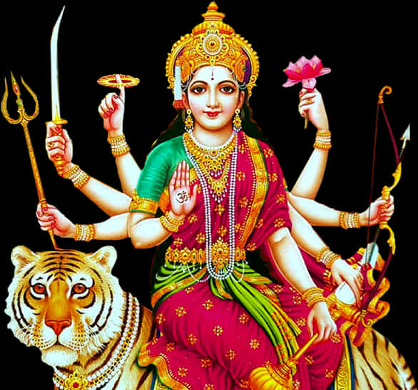 A Painting Of A Goddess With Many Arms And A Tiger