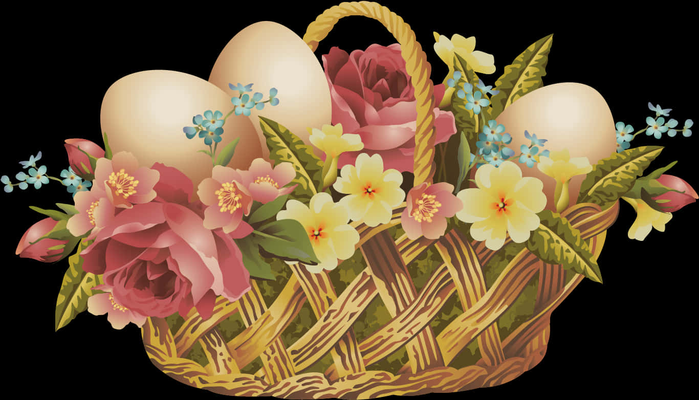 A Basket With Flowers And Eggs