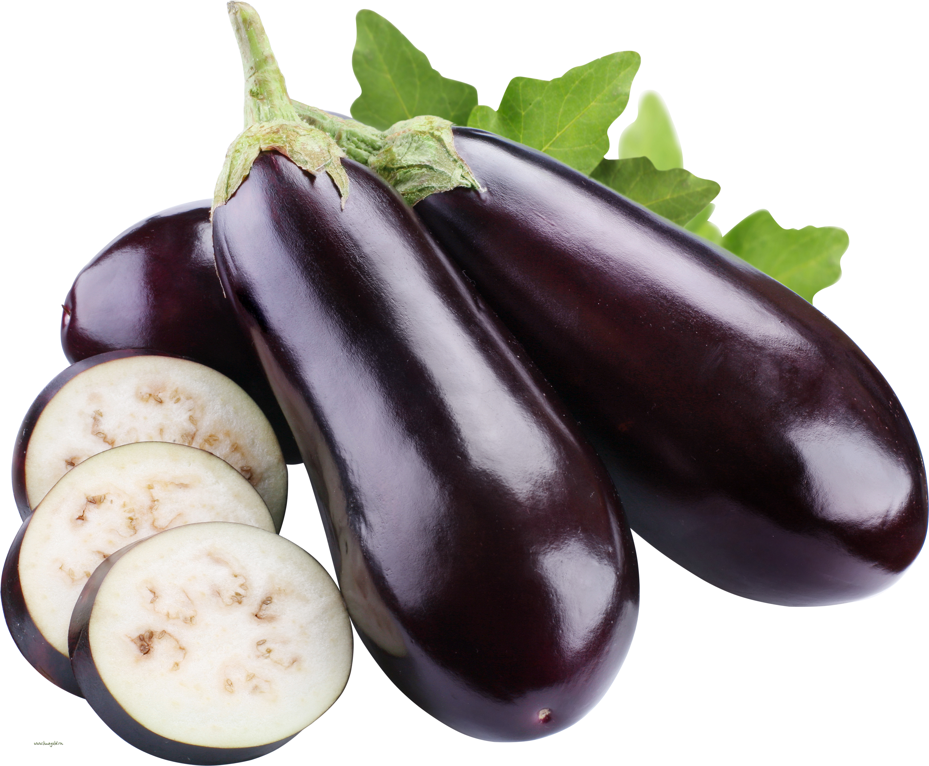 A Group Of Eggplants With Slices Of Eggplant