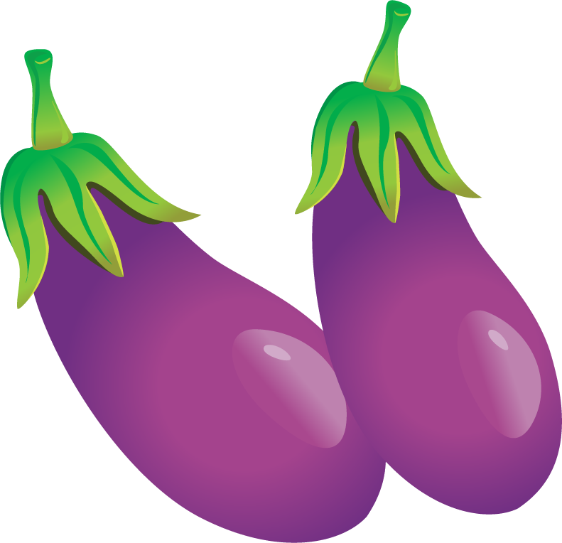 A Pair Of Purple Eggplants With Green Leaves