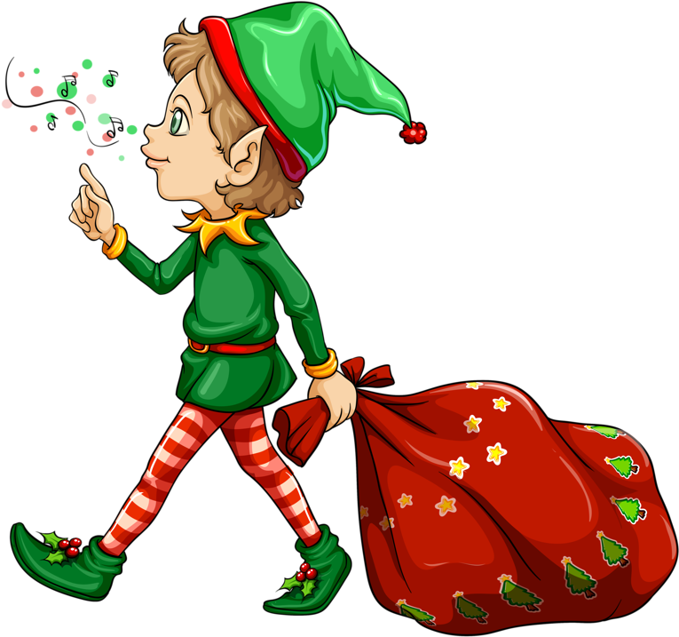 A Cartoon Of A Elf Carrying A Bag Of Presents