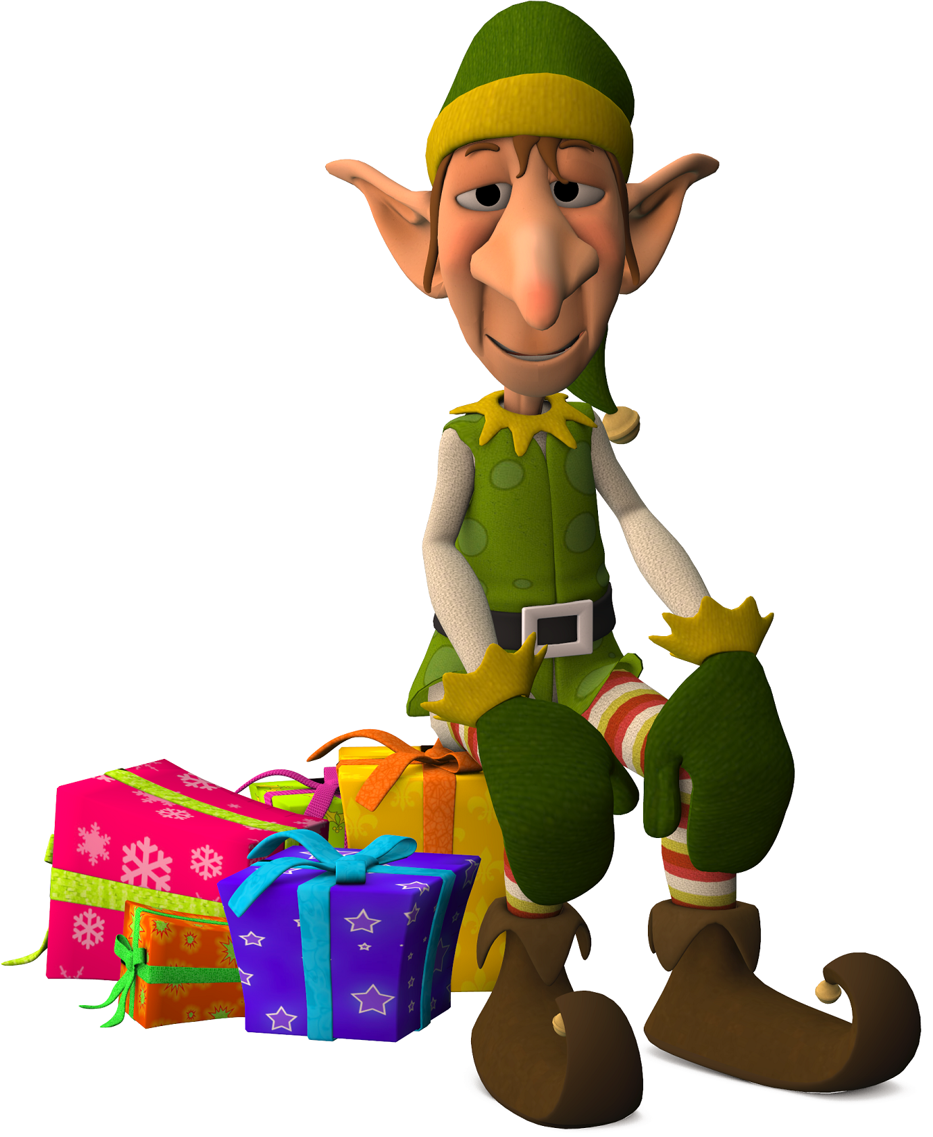 A Cartoon Elf Sitting On Presents