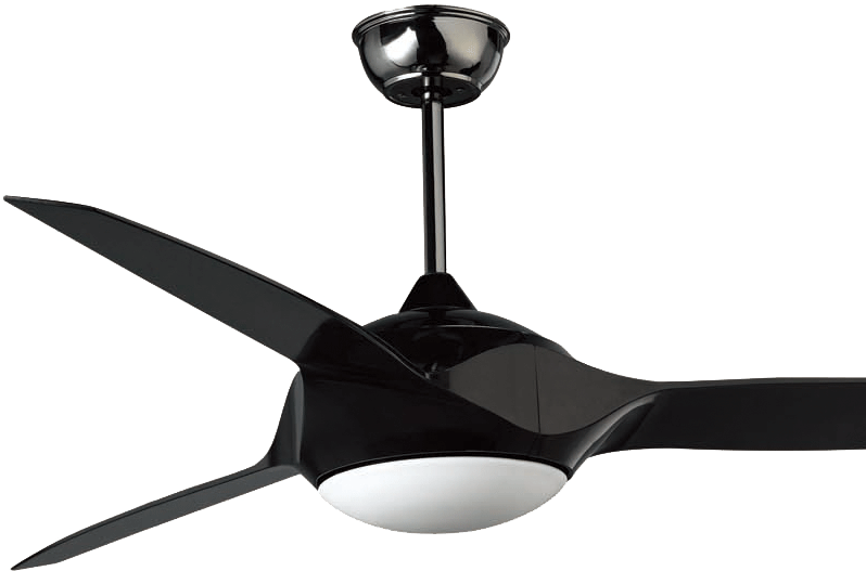 A Black Ceiling Fan With A White Light