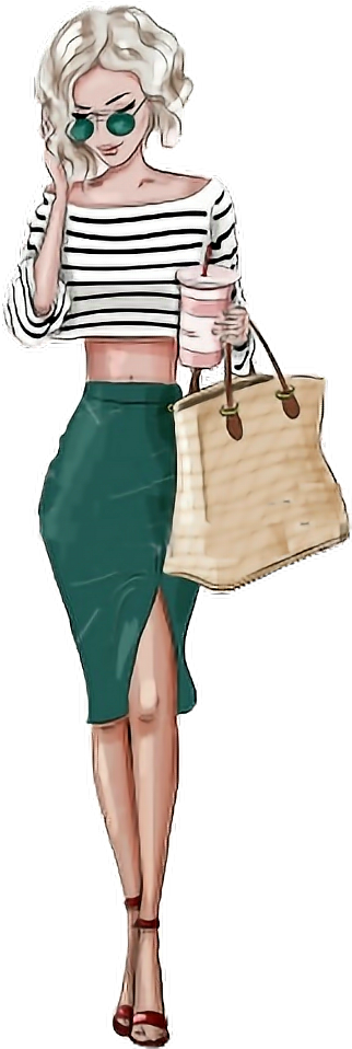 A Woman In A Green Skirt And A White Shirt Holding A Bag