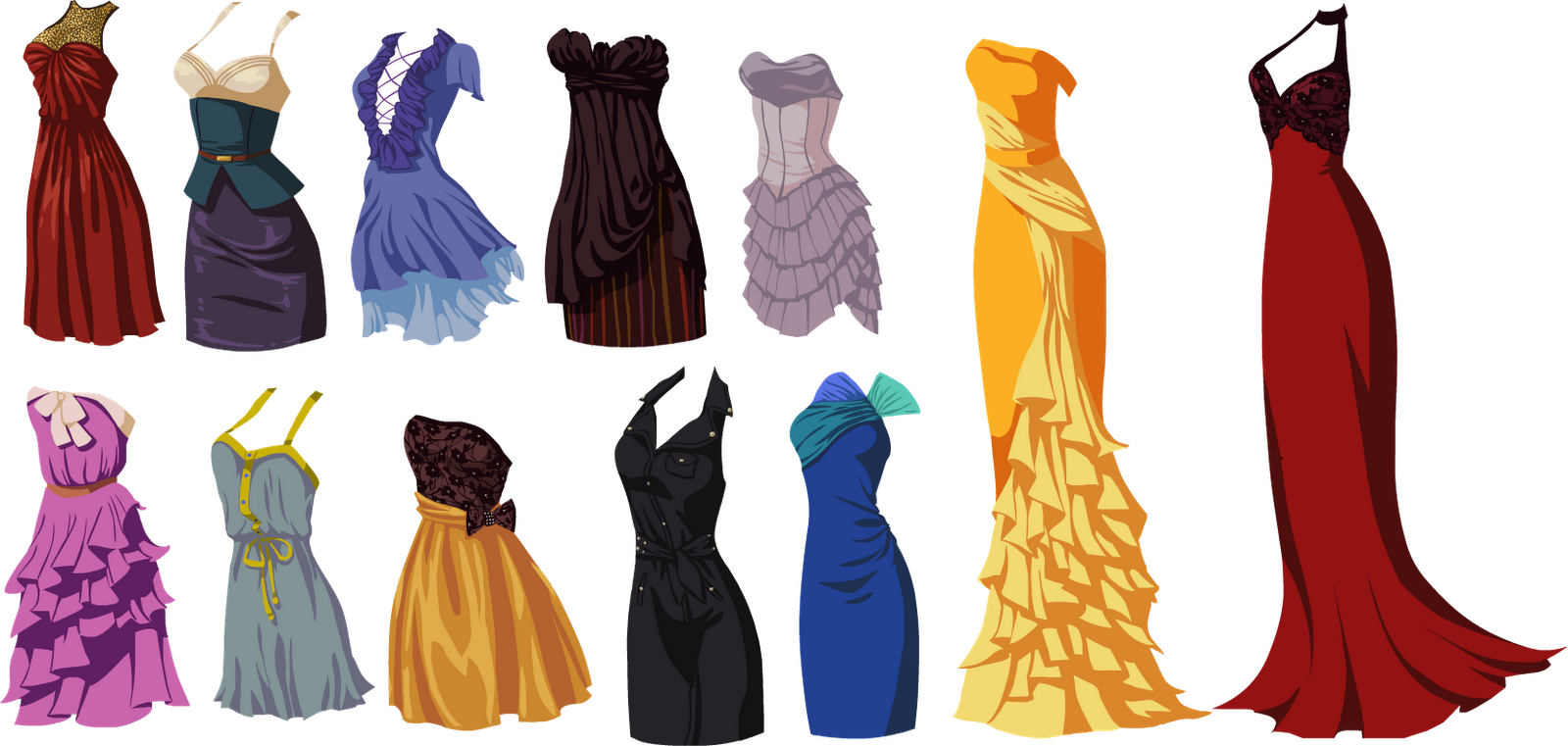 A Group Of Dresses On A Black Background
