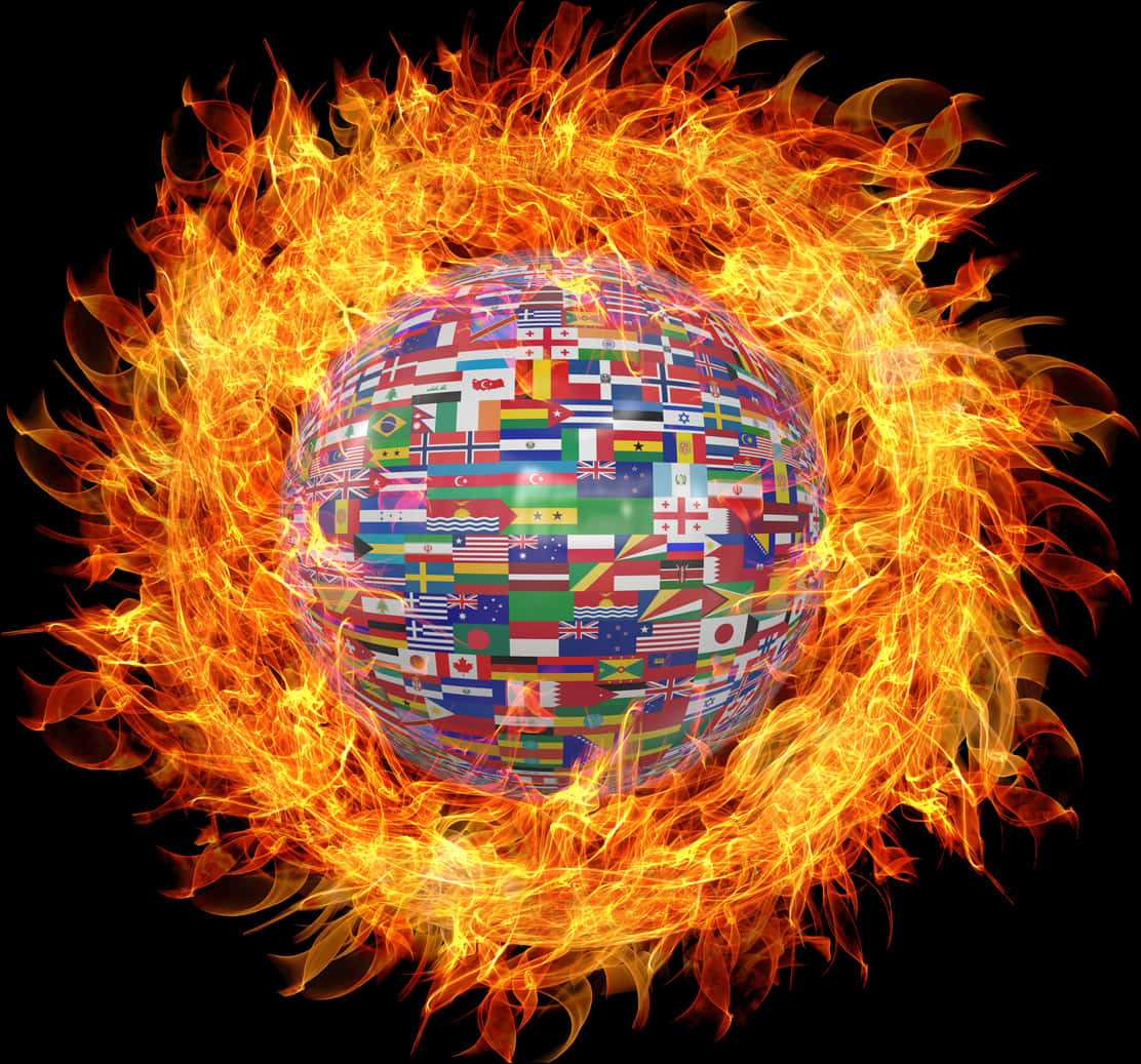 A Globe With Flags On It Surrounded By Fire
