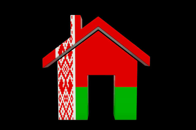 A Red And Green House With A White And Red Pattern