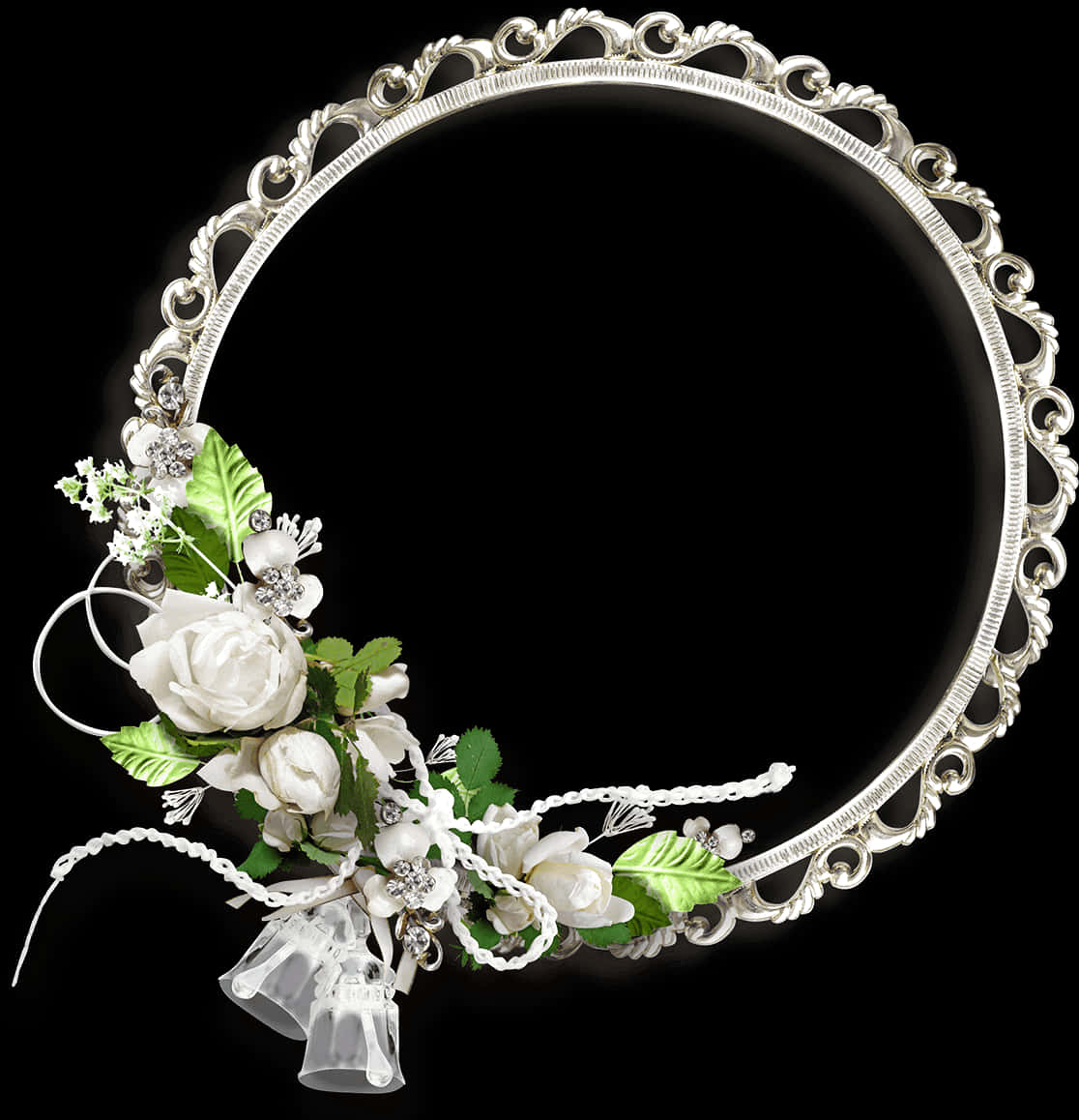 A Round Silver Frame With White Flowers And Bells