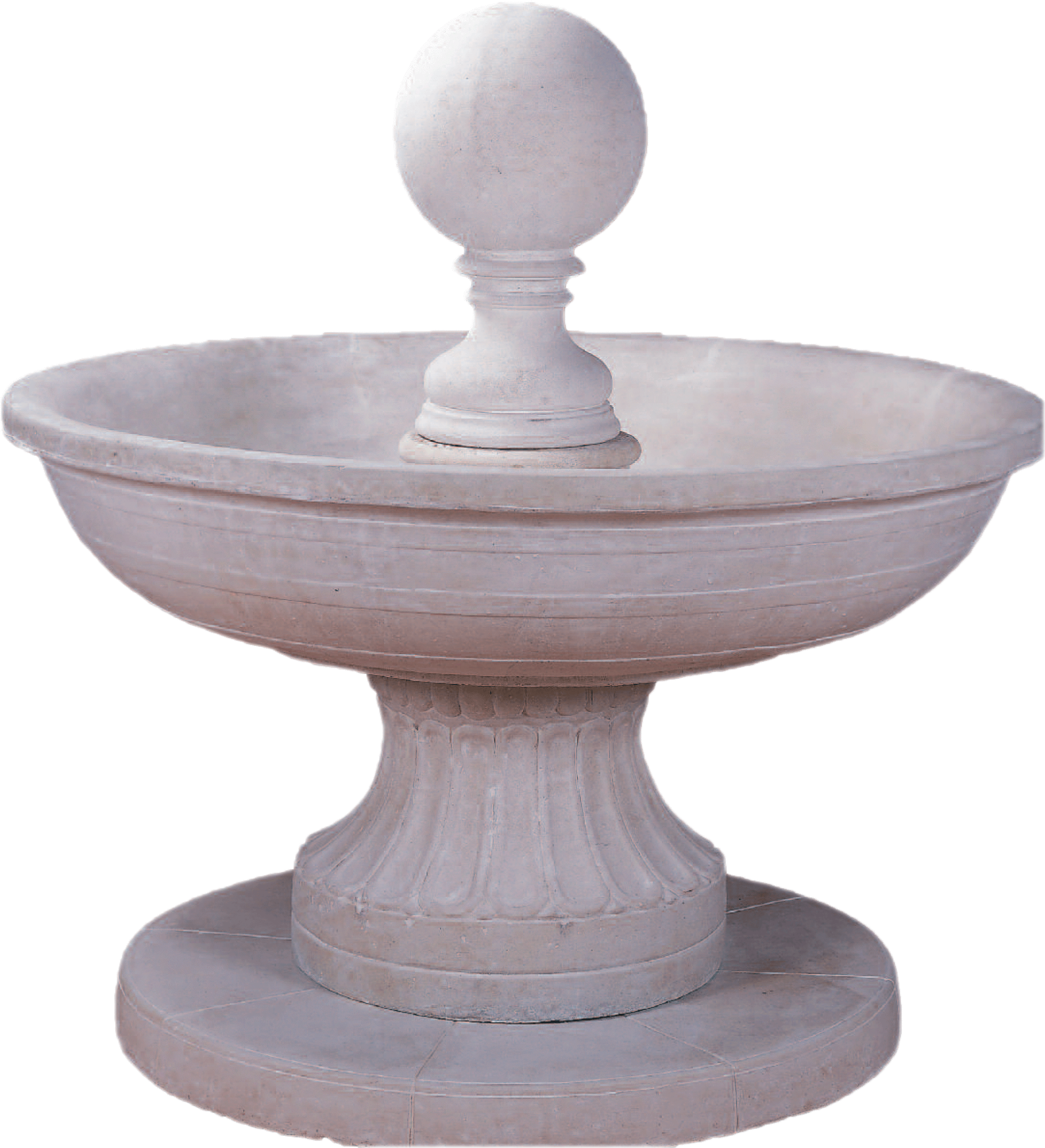 A White Stone Fountain With A Ball On Top