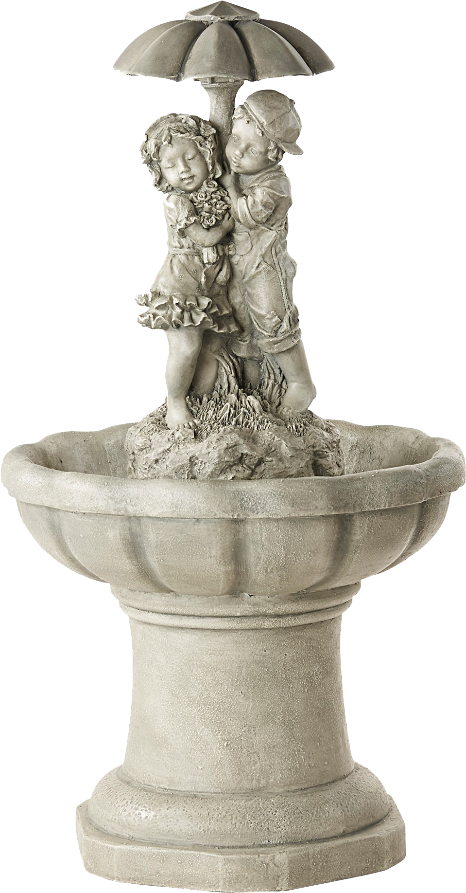 A Statue Of A Boy And Girl In A Bird Bath