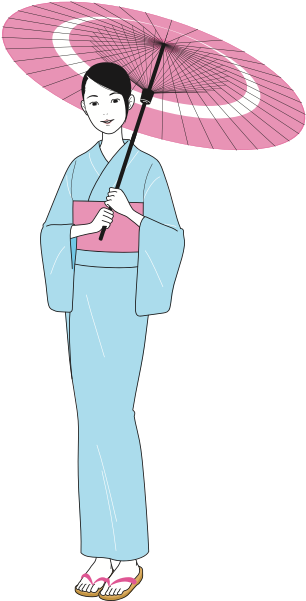 A Woman In A Blue Kimono Holding A Pink Umbrella