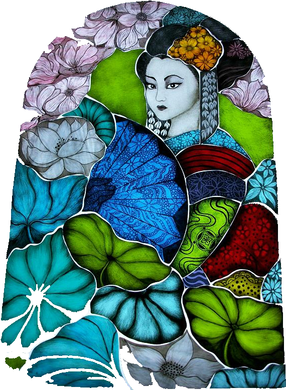 A Stained Glass Window With A Woman In A Fan