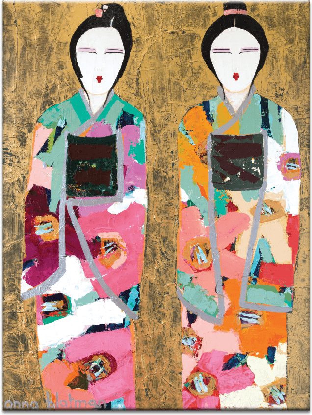 A Painting Of A Couple Of Women In Kimonos