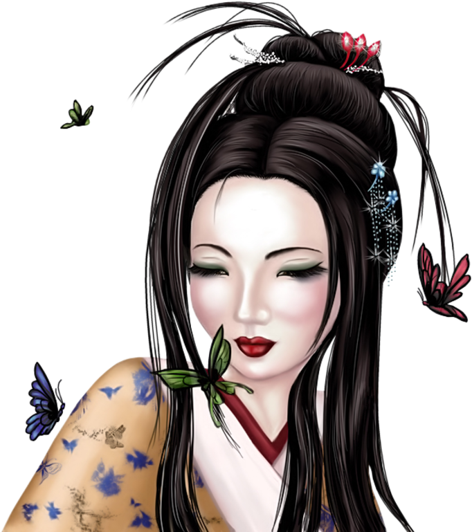 A Woman With Black Hair And Butterflies In Her Hair