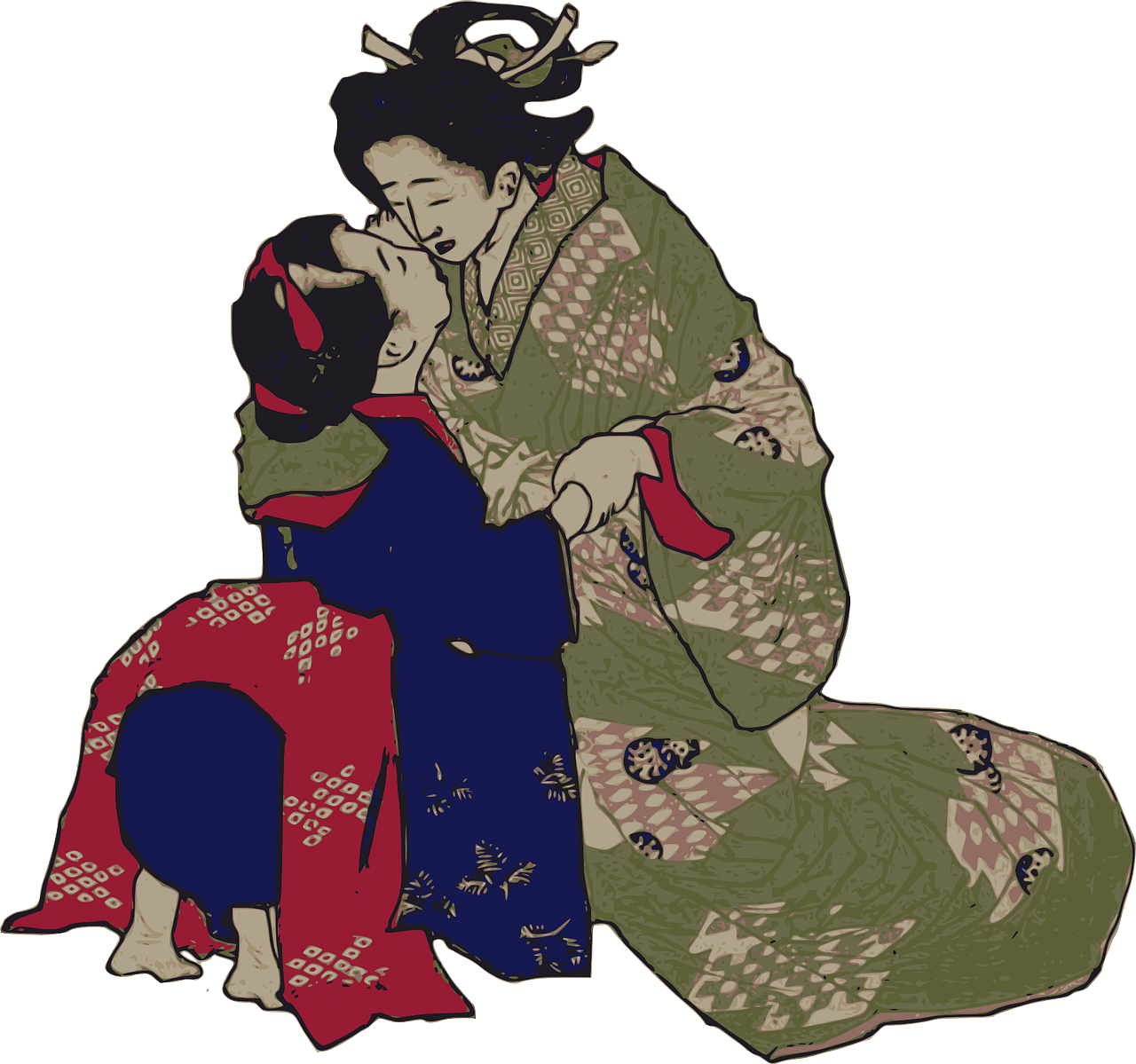 A Couple Of Women In Traditional Japanese Clothing Kissing