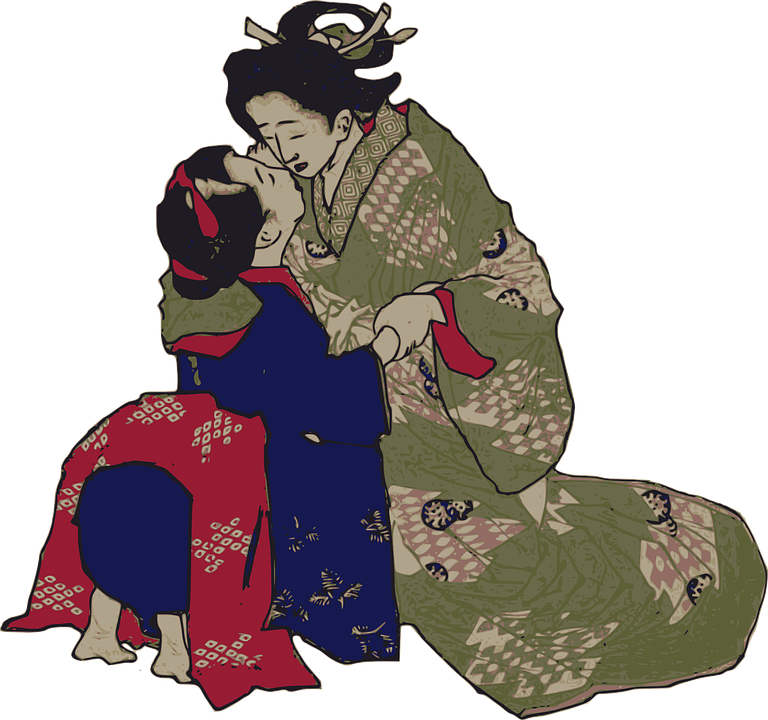A Couple Of Women In Traditional Japanese Clothing Kissing