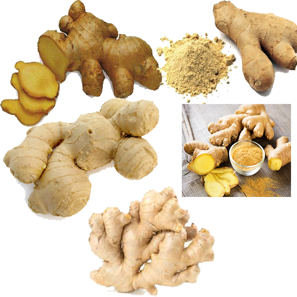 A Group Of Ginger Root And A Pile Of Powder
