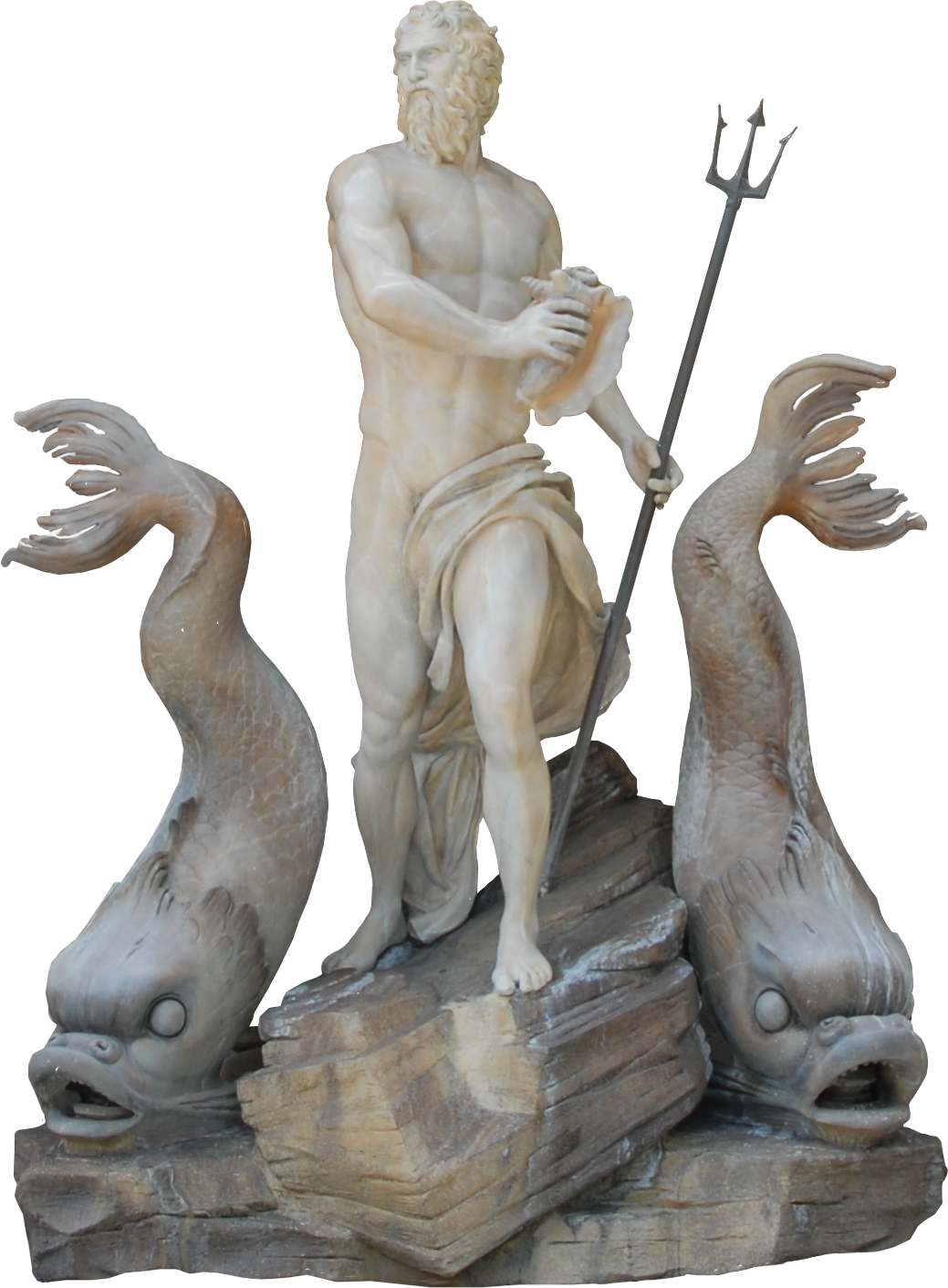 A Statue Of A Man Holding A Trident And Two Fish