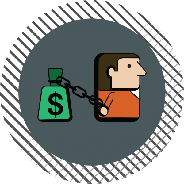 A Cartoon Of A Man Chained To A Green Bag With A Dollar Sign