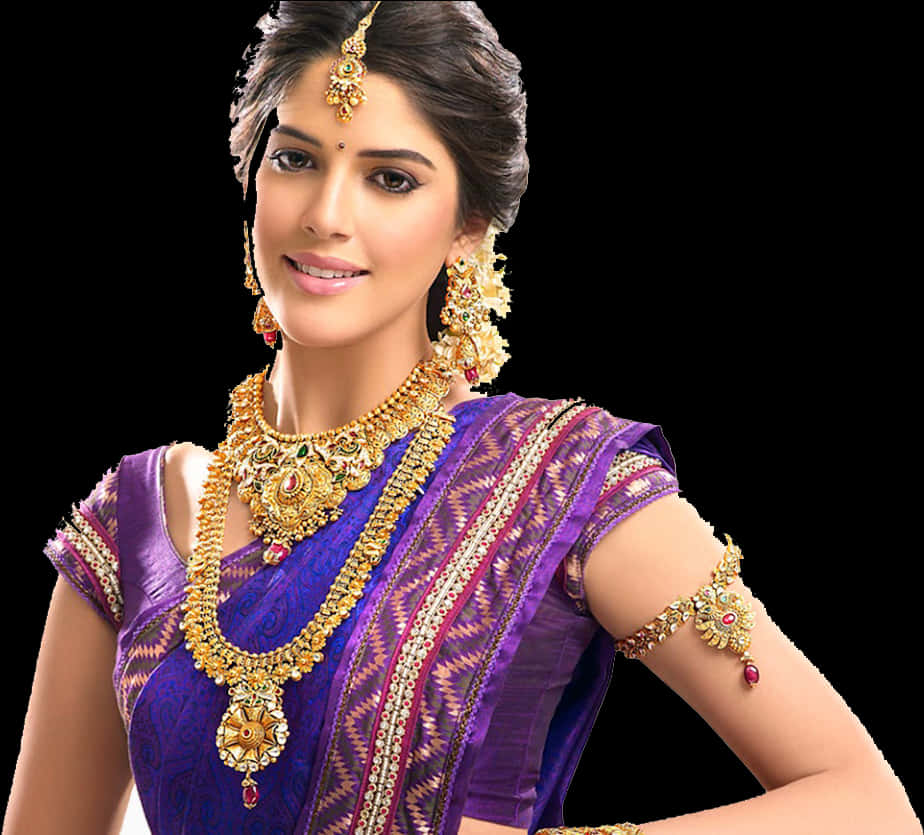 A Woman In A Purple Dress And Gold Jewelry