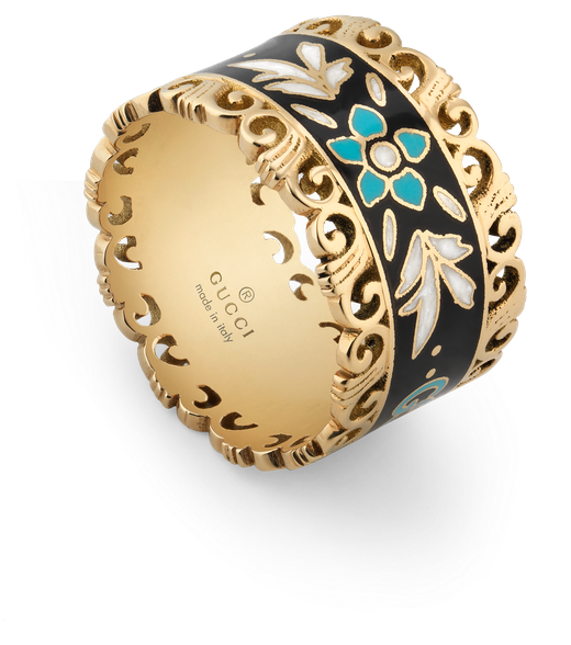 A Gold Ring With Black And Blue Enamel