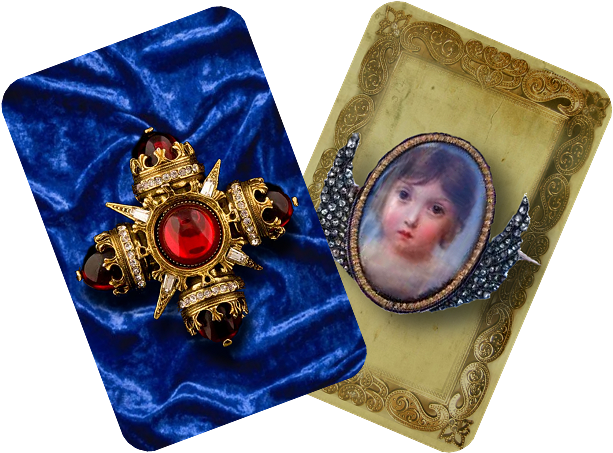 A Gold And Red Brooch On A Blue Velvet Surface