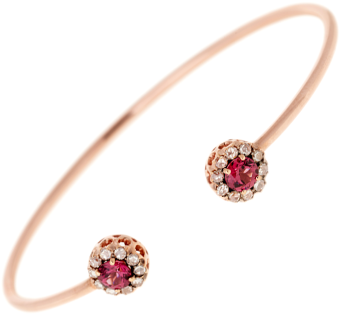 A Gold Bracelet With A Red Stone And Diamonds
